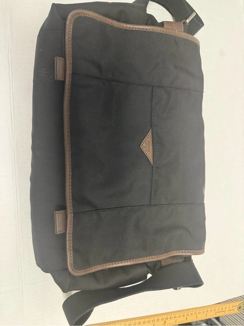Fossil Black Messenger Bag with Brown Trim